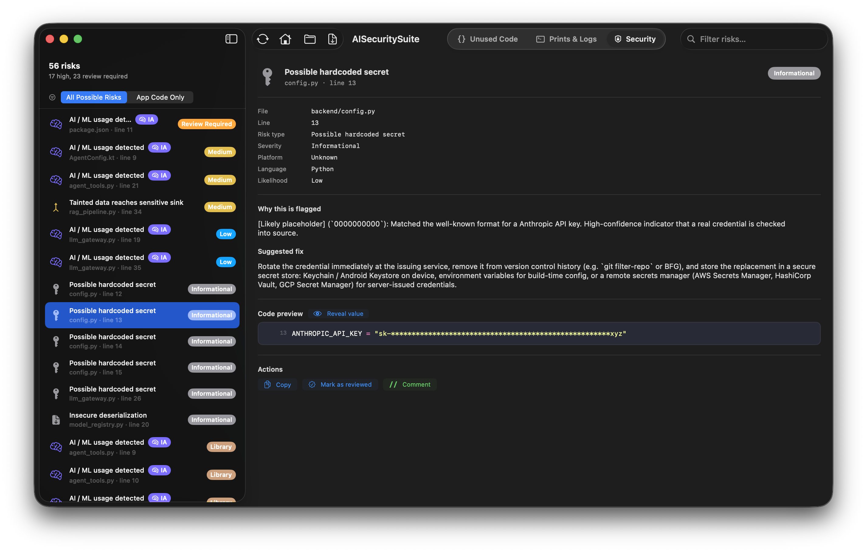 Cacomi AI and ML usage detection screenshot