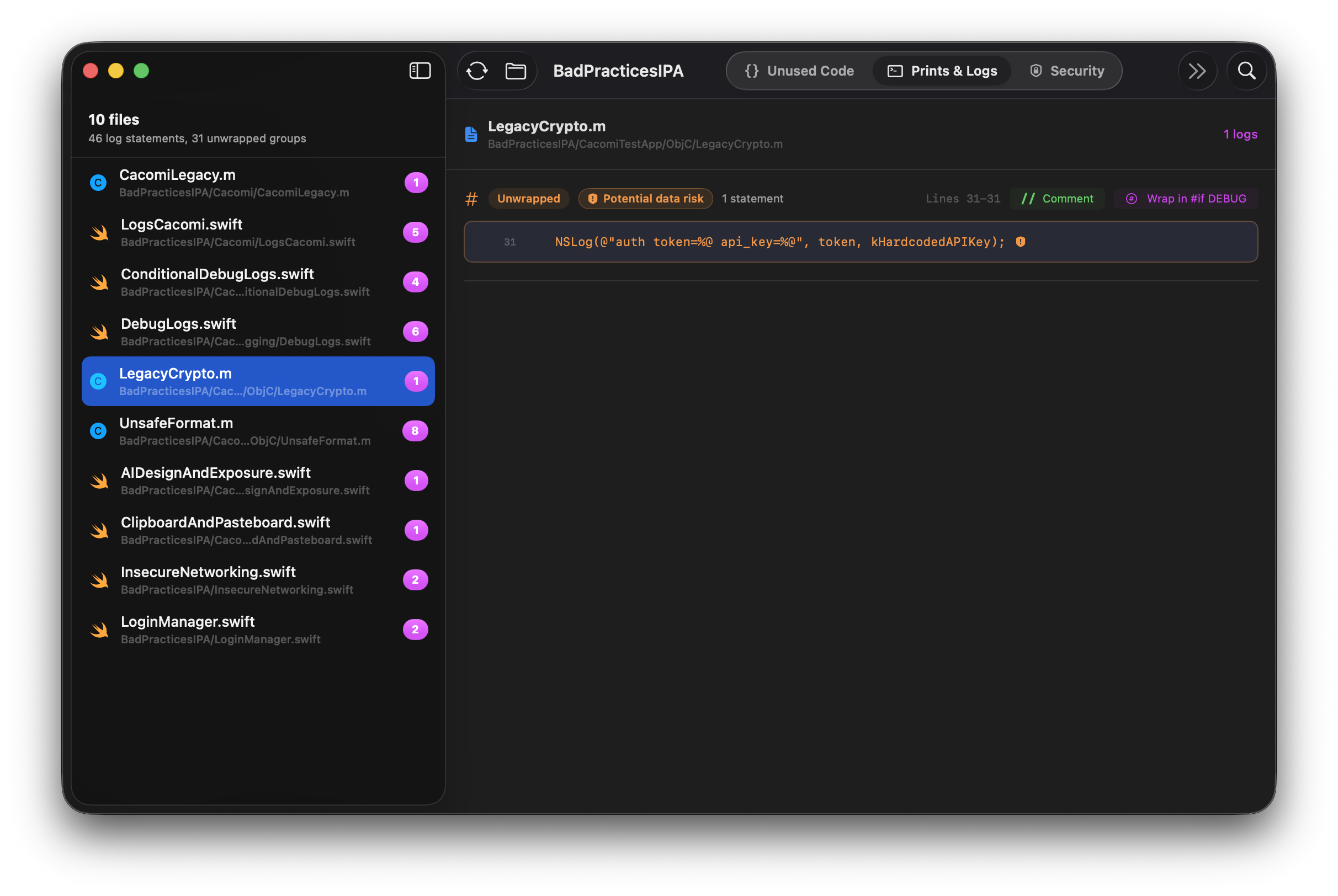Cacomi prints and logs scanner screenshot