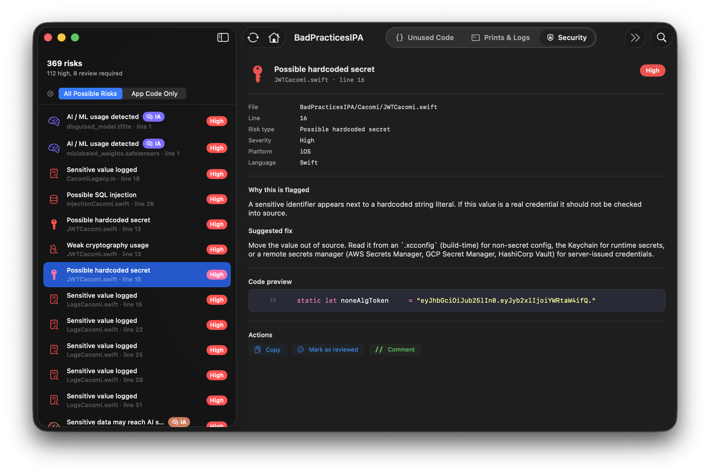 Cacomi binary security scanner screenshot