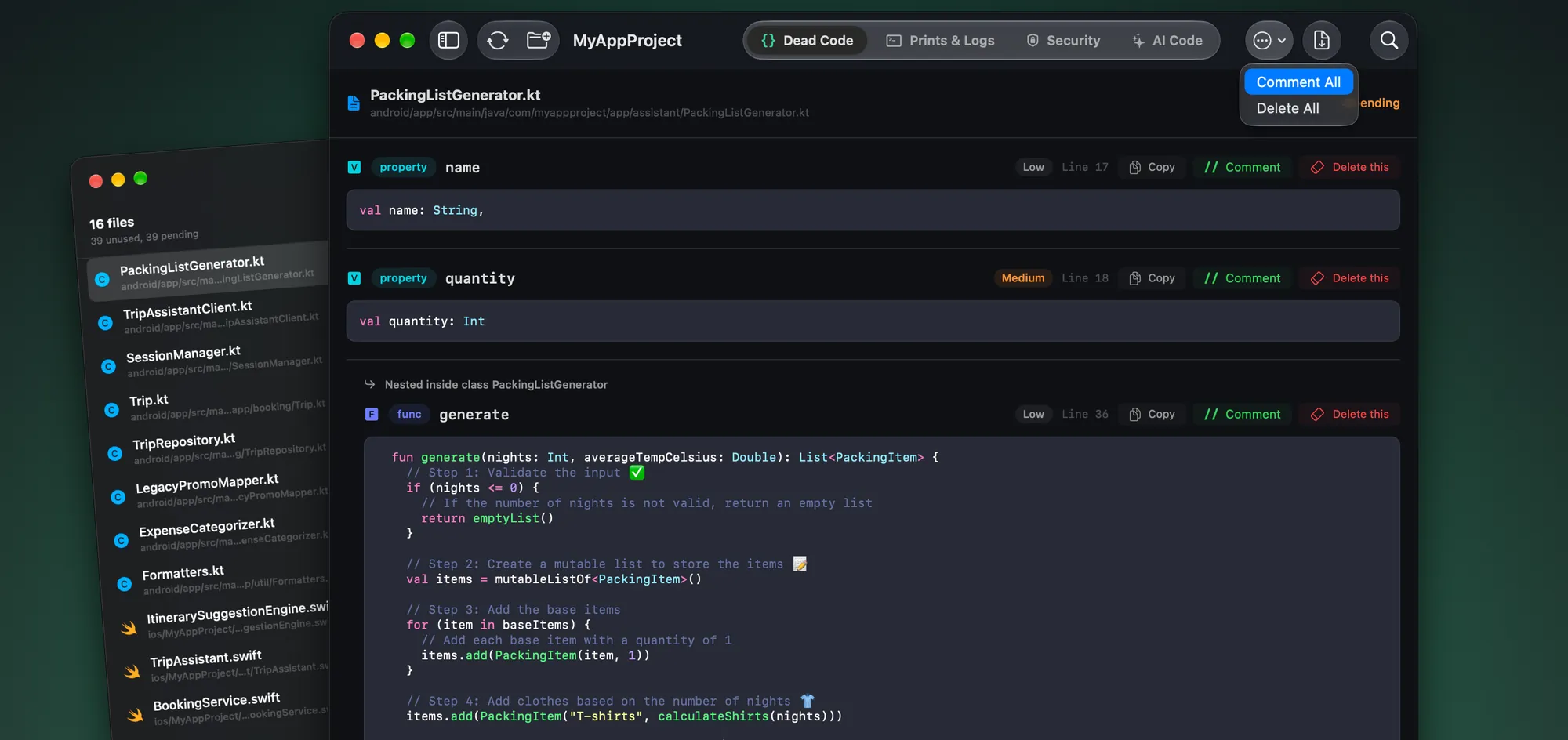 Cacomi Dead Code tab with comment and delete actions