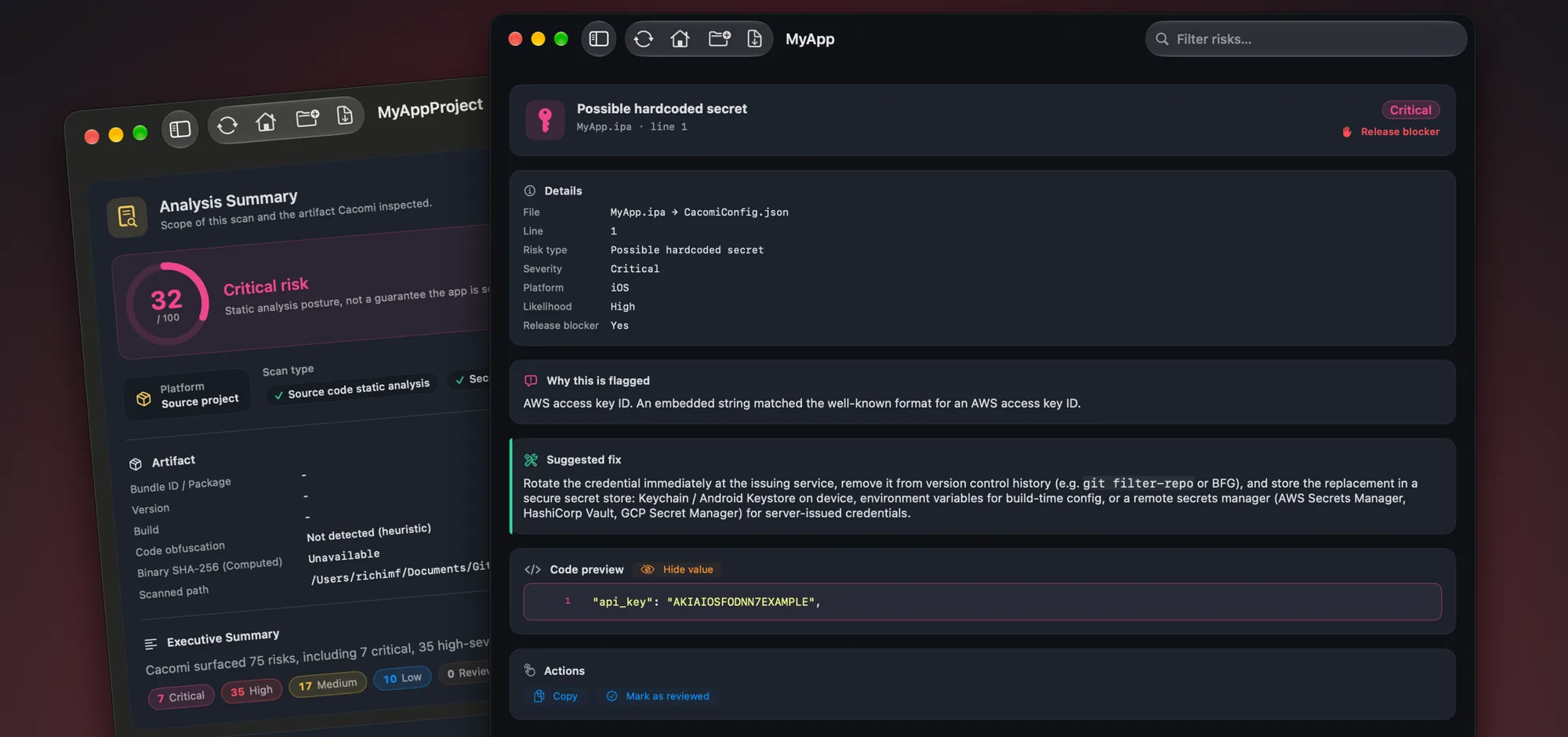Cacomi security summary with a critical risk score and hardcoded secret findings